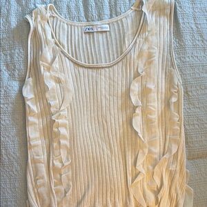 Zara Cream Ribbed Ruffled Tank Top